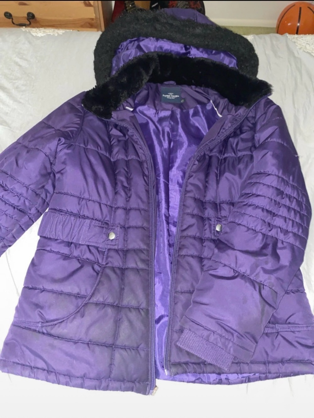 Faded Glory Purple Hooded Puffer Jacket with Faux-Fur Trim